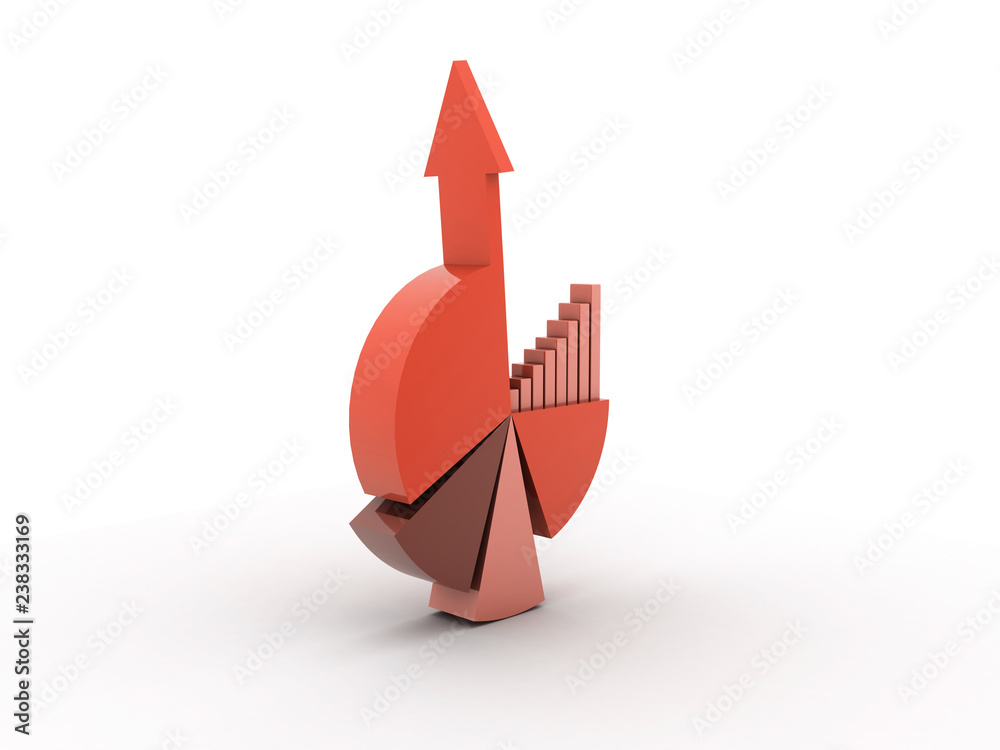 Poster 3d rendered pie chart graph with up arrow isolated on white background