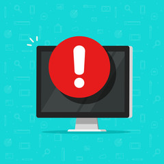 Computer with alarm notice or alert sign vector icon, flat pc display with exclamation sign, concept of danger or risk message content, error notification, malware attack, attention notification - obrazy, fototapety, plakaty
