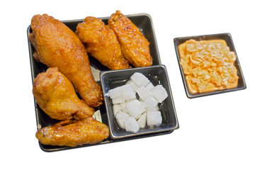 Korean spicy fried chicken food, focus selective