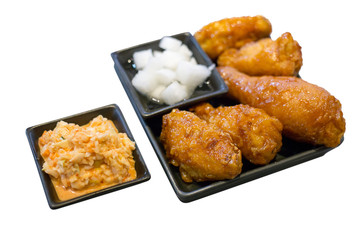Korean spicy fried chicken food, focus selective