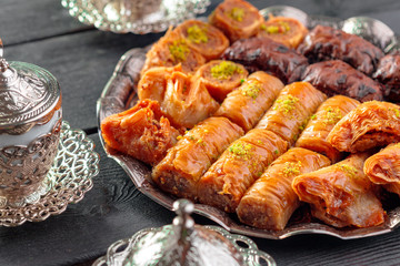 Traditional Baklava on Wooden Table