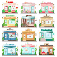 Set of detailed flat design city facade buildings.