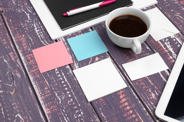 Mock up set of id template, notebook and cup of coffee. Coffee break background