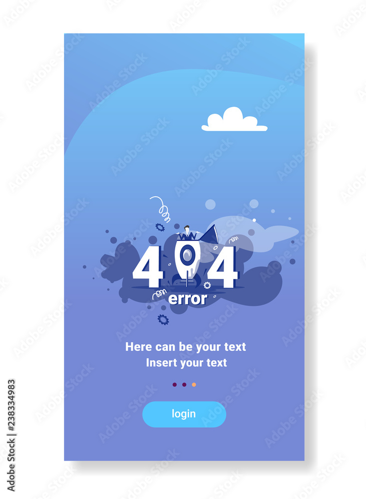 Poster businessman open rocket 404 not found error message internet connection problem concept flat vertica