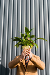 man with obscure face holding green plant in pot near wall