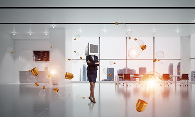 Business woman with monitor instead of head.