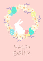 Pastel color easter wreath with egg and white bunny