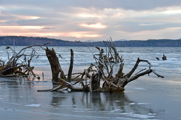 Lake Uvildy in november at sunset in late autumn, Southern Urals, Russia