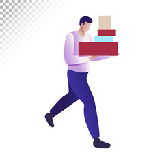 Modern man flat illustration. The man carries shopping boxes. Vector illustration on a transparent background.