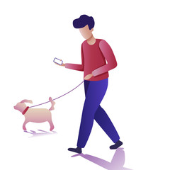 Modern young man flat icons. Young man walking a dog and communicating via smartphone. Vector illustration on a transparent background.