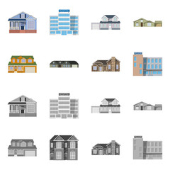 Vector illustration of building and front symbol. Collection of building and roof stock vector illustration.