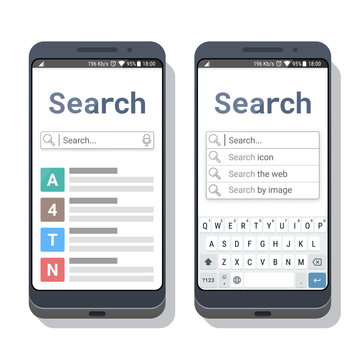 Smartphones with search application template or mobile web browser and virtual keyboard for mobile devices on the screens. Web page design for a search engine. Vector illustration