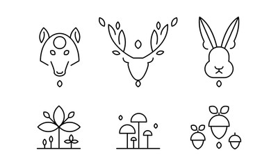 Collection of plants and wild animals head in linear style, forest decorative elements vector Illustration on a white background