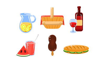 Flat vector set of traditional French picnic food and drinks. Lemonade, wine, ice cream and watermelon dessert, sandwich, basket