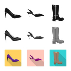 Vector illustration of footwear and woman sign. Set of footwear and foot stock vector illustration.