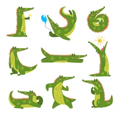 Fototapeten Friendly crocodile in different poses set, funny predator cartoon character vector Illustration on a white background © topvectors