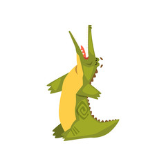 Fototapeta premium Crocodile standing with open mouth, funny predator cartoon character vector Illustration on a white background