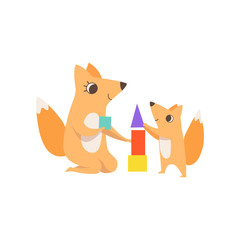 Obraz premium Loving mother fox playing with a toy pyramid with her little baby, animal family, parenting concept vector Illustration