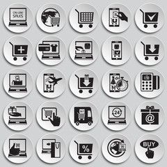 Online shopping icons set on plates background for graphic and web design, Modern simple vector sign. Internet concept. Trendy symbol for website design web button or mobile app