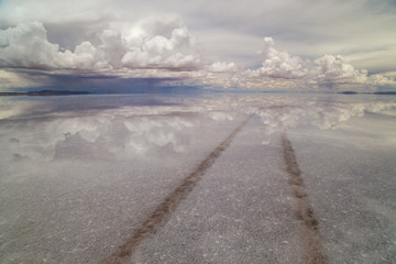 Flooded salt flats with reflection of clouds in the water and a car track crossing it. Uyuni, Bolivia