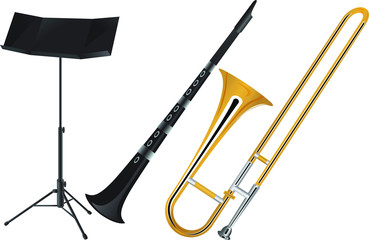 Trombone, clarinet and orchestra music stand vector illustration.