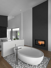 Fototapeta na wymiar in the foreground of a freestanding bath resting on a bed of white pebbles in front of a modern fireplace in the bathroom, on the bottom there is the bedroom and the floor is made of wood