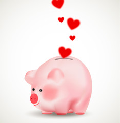 Falling red hearts in a piggy bank. Conceptual realistic vector illustration