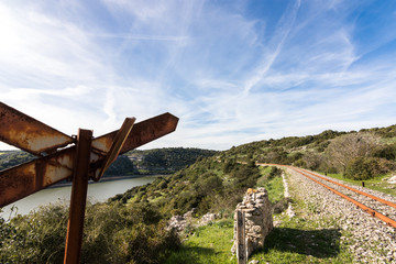 Old Railway View Lake Barrocus in Isili  town in the historical region of Sarcidano, province of South Sardinia.