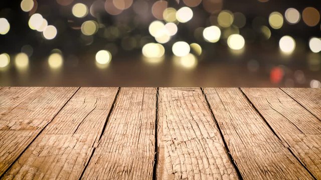 Old Wooden table, Christmas lights background