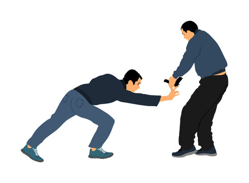 Self defense battle vector illustration. Man fighting against aggressor with gun or pistol. Krav maga demonstration in real situation. Combat for life against terrorist. Army skill action.