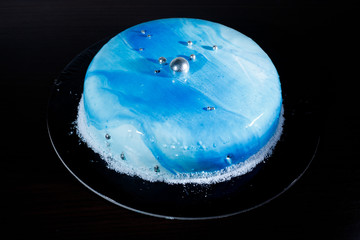 blue berry mousse cake, covered with a mirror glaze.