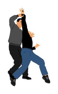 Self defense battle vector illustration. Man fighting against aggressor with knife. Krav maga demonstration in real situation. Combat for life against terrorist. Army skill in action. Policeman skill.