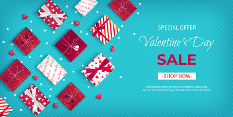 Special offer Valentine's Day Sale. Discount flyer, big seasonal sale. Horizontal Web Banner with many holiday gift Boxes in red and white wrapping paper with hearts. Lollipops, confetti. Vector