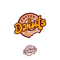 Donuts and Coffee logo. Cafe or bakery emblem. Bitten Donut with lettering and small candies. Monochrome option.