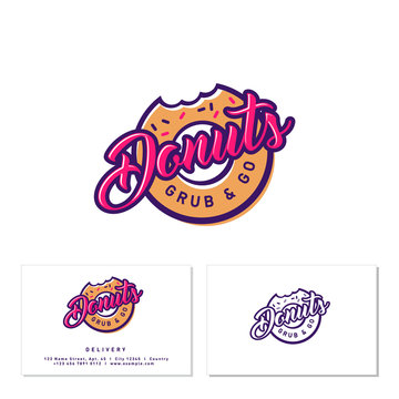 Donuts shop logo. Cafe or bakery emblem. Bitten Donut with lettering and small candies. Identity. Business Card.