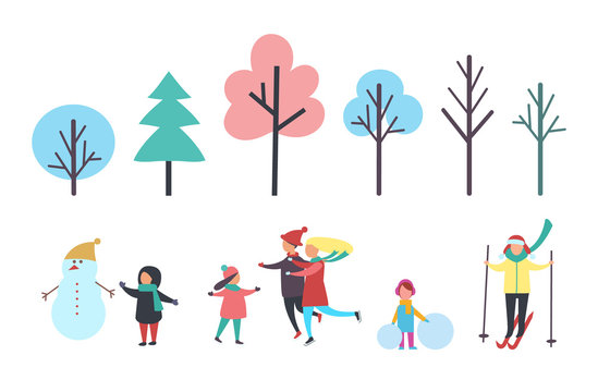Winter Child with Snowman Family and Trees Vector