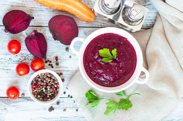 Vegetable soup made from beets and carrots, vegetarian food. Healthy lifestyle.