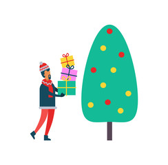 Christmas Tree and Person with Presents Vector