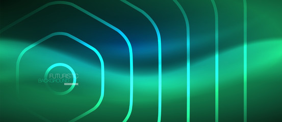 Neon glowing lines, magic energy space blue light concept, abstract background wallpaper design