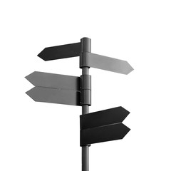 Empty dark metal signpost isolated on white