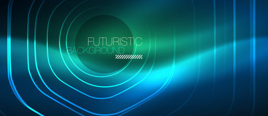 Neon glowing lines, magic energy space blue light concept, abstract background wallpaper design