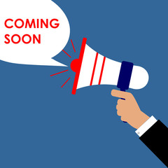 Human hand holding megaphone. Social media marketing. Vector illustration in flat design. Sign for the coming soon.