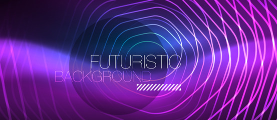 Neon glowing lines, magic energy space blue light concept, abstract background wallpaper design