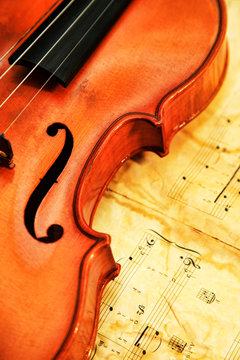 Old violin on the background of notes