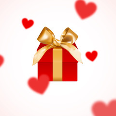 Red blurred hearts flying around a gift box tied with a gold ribbon with a bow. Realistic vector illustration