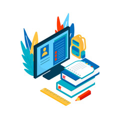 Online education concept. Isometric illustration with book