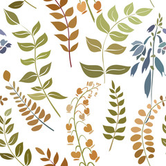 Silhouettes of different flowers and leaves hand drawn.Vector floral seamless background pattern for wallpaper, textile prints, fabric...
