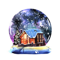 Fototapeta premium Hand drawn watercolor winter night landscape with house.