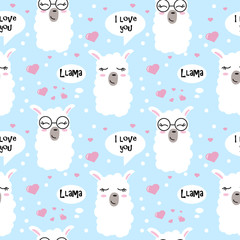 Seamless pattern with hearts and lama faces. Cute llama head drawings with lettering and different emotions. Hand drawn vector pattern with alpaca for cards, t-shirts, cases, textile.