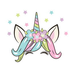 Happy unicorn face with flowers